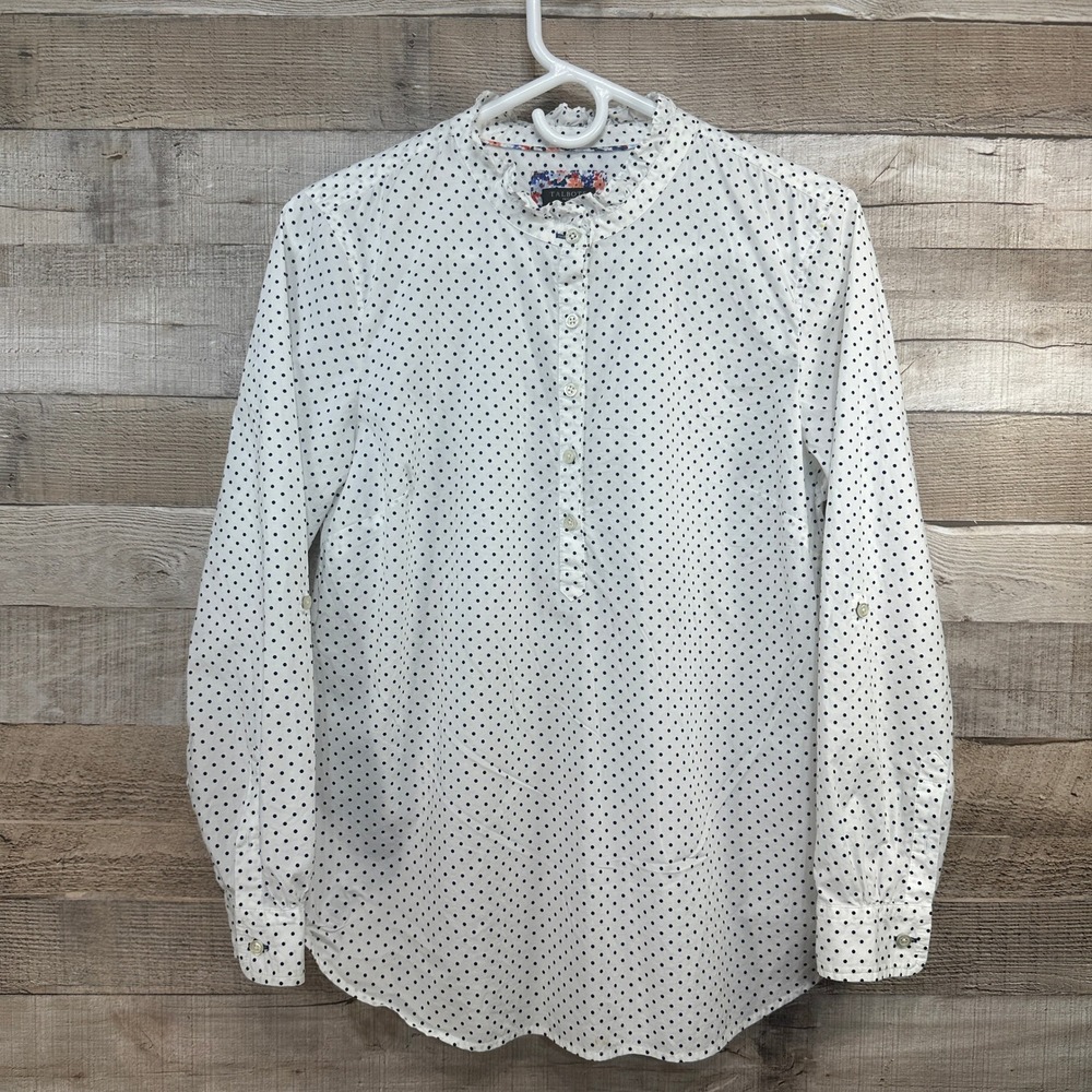 Talbots Petite Womens White Navy Polka Dot Ruffle Neck 1/2 Button Top Size MP